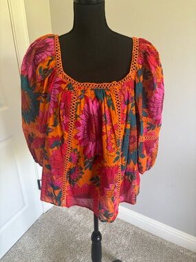 FARM rio for anthropologie Boho Floral Peasant Top - Orange Pink